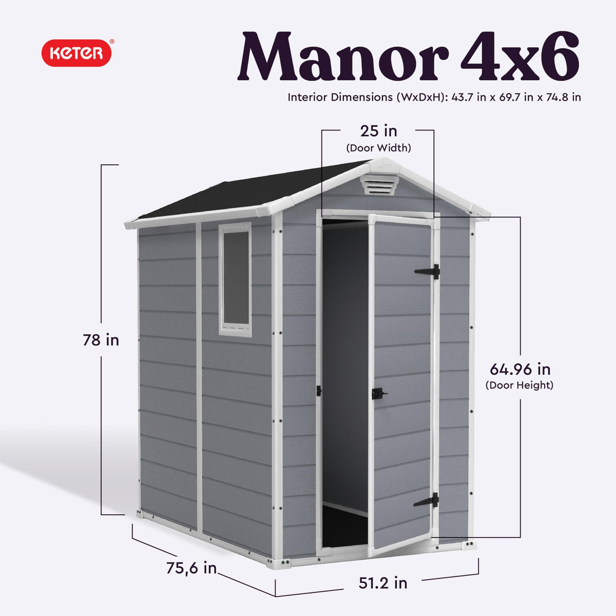 Keter Manor 4x6 Resin Outdoor Storage Shed Kit-Perfect to Store Patio Furniture, Garden Tools Bike Accessories, Beach Chairs and Lawn Mower, Grey & White