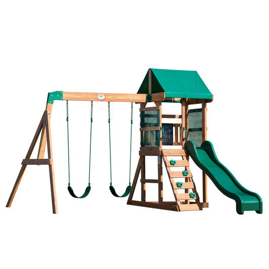 Backyard Discovery Buckley Hill Cedar Wood Swing Set with Wave Slide, Play Deck, Rock Wall Ladder, Belt Swings, Chalkboard, Canopy Roof, Outdoor Playset