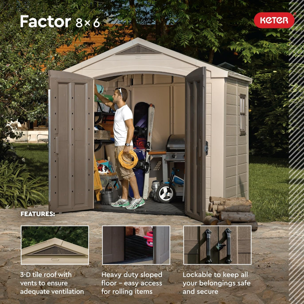 Keter Factor (8x6 ft) Large Resin Outdoor Storage Shed for Patio Furniture, Lawn Mower, Garden Accessories Yard Tools, and Pool Toys, Taupe