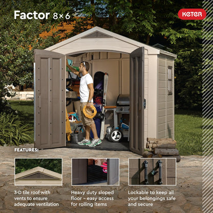 Keter Factor (8x6 ft) Large Resin Outdoor Storage Shed for Patio Furniture, Lawn Mower, Garden Accessories Yard Tools, and Pool Toys, Taupe