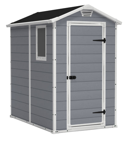 Keter Manor 4x6 Resin Outdoor Storage Shed Kit-Perfect to Store Patio Furniture, Garden Tools Bike Accessories, Beach Chairs and Lawn Mower, Grey & White